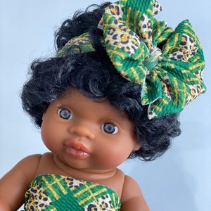 Lucky Leopard messy bow, minikane head wrap, Minikane accessories, minikane bow, minikane, messy bow head wrap