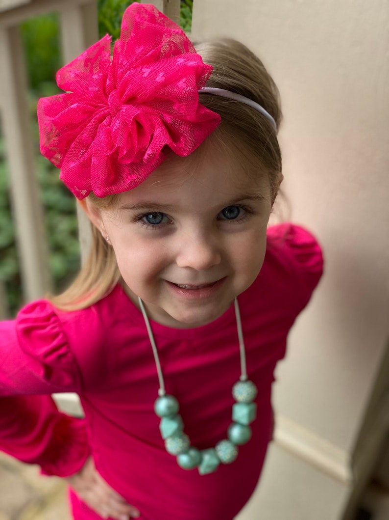 tulle messy bow messy bow headband Hot Pink Hearts mini messy bow messy bow headband baby headband