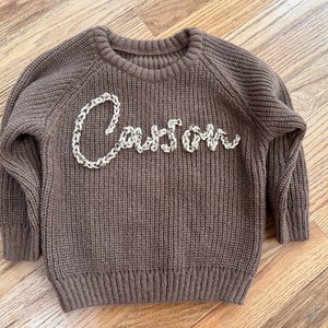 Brown custom hand embroidered baby sweater, embroidered, name sweater, baby sweater, baby name sweater, baby clothes, baby shower gift