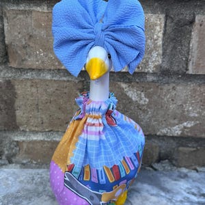 Desktop 7" Goose handmade Back to School Patchwork dress outfit, goose accessories, porch goose, goose fashion, goose outfit