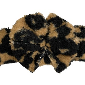 Leopard Sherpa messy bow head wrap, sherpa headband, ear warmers, sherpa head wrap, messy bow headband, messy bow head wrap