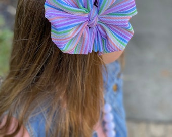 Spring Stripes mini messy bow, messy bow headband, messy bow clip, mini messy bow, spring messy bow