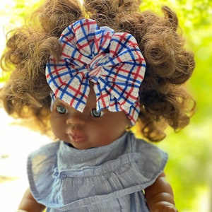 Patriotic Plaid Minikane messy bow, minikane head wrap, Minikane accessories, minikane bow, minikane, messy bow head wrap