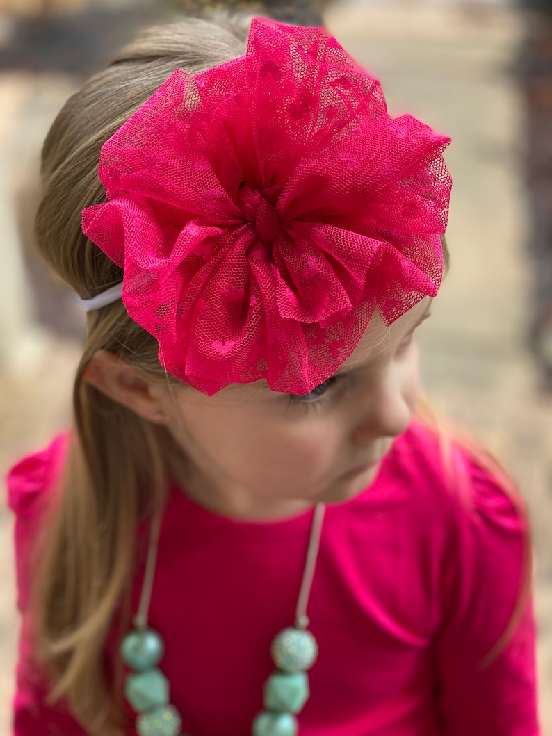 tulle messy bow messy bow headband Hot Pink Hearts mini messy bow messy bow headband baby headband