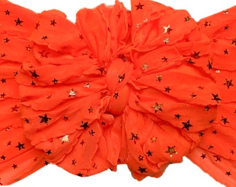 Neon orange stars ruffle messy bow, messy headband, messy bow head wrap, messy bow, messy bow headband, ruffle bow, mini messy bow