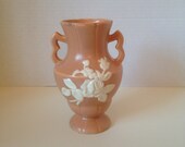 Vintage Weller Cameo Rose Peach Vase, Double Handled 7 1 2 quot Pottery Vase, Weller Script Mark, Made in 1930 39 s
