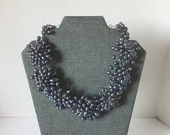 Peacock Pearl Necklace, Black Freshwater Pearls, Hand Made, Silver Wires, Multi Cluster Pearls, Flower Form, Statement Necklace