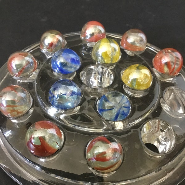 Vintage Caged Cat's Eye Toy Marbles, Lot of 13, 5/8" One Color Caged Cat's Eye, Red Blue Yellow Caged, 8-7-6-5 Vanes, Clear & Iridescent