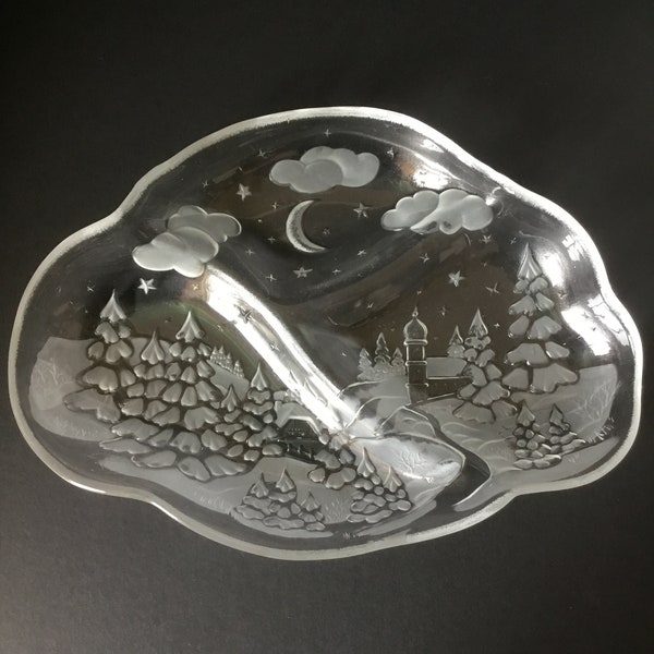 Mikasa Silent Night Pattern, Large Divided Platter, Holiday Serving, Sculpted Frosted Crystal, Walther Glas West Germany