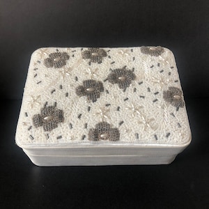 Vintage Ring/Jewelry Box 1980&#39;s, White Satin, Beaded Flower Design Box, White & Silver Beads, 6&quot; x 5&quot; Size Small Compartments, Holds 8 Rings
