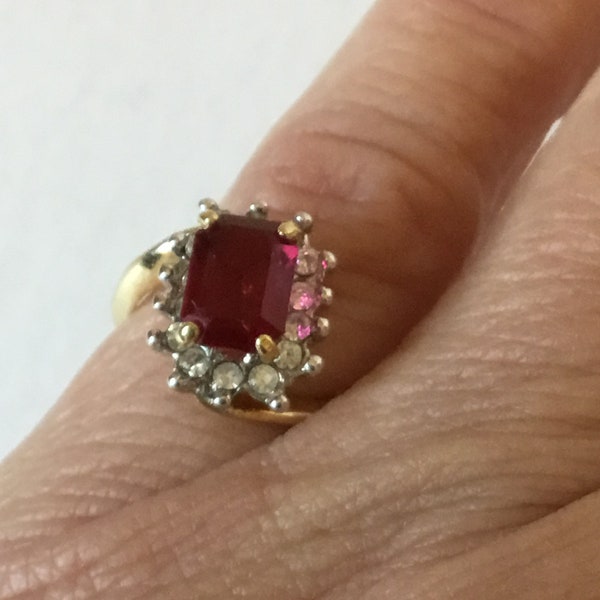 Vintage Ruby Red Cocktail Ring, Size 5 1/2, Faux Ruby, CZ's, 18K GE V in Diamond Shape Mark, Vargas MFG Company, 1980's  Costume Bypass