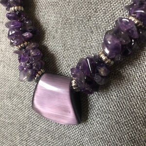 20&quot; Amethyst Necklace, Large Center Lucite Piece, Three Row Amethyst Chip Stations, Silvertone Rondelles, Toggle, 1980&#39;s Handmade Jewelry