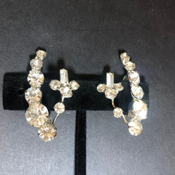 Vintage 1960's Rhinestone Clip Back Earrings, Silvertone Metal, Mid Century Sparkle, Costume Jewelry, Clear Rhinestones Cascading on Earlobe