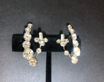 Vintage 1960's Rhinestone Clip Back Earrings, Silvertone Metal, Mid Century Sparkle, Costume Jewelry, Clear Rhinestones Cascading on Earlobe