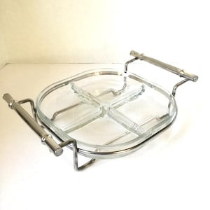 12” Silverplate Buffet Server 9"x 12" 4-Part Glass Insert, Bamboo Style Handles, 9" Divided Dish, Rounded Corners
