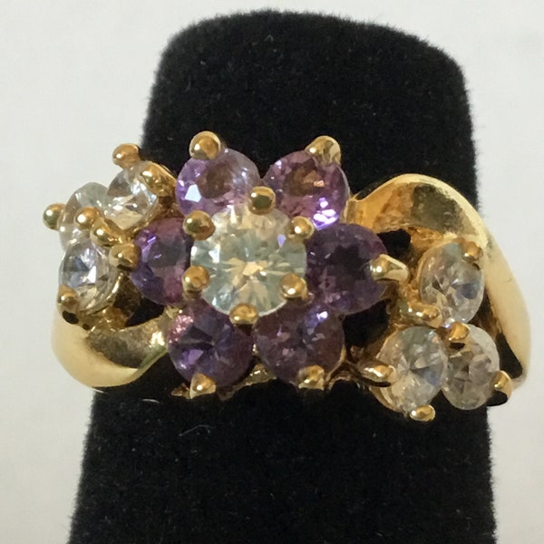 Vintage LIND Cocktail Ring, Size 5 1/2, 14K HGE LIND, Designer Costume Jewelry, Amethyst Colored Stones & Cubic Zirconia, Flower Design Ring