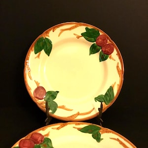 USA Mark, 10” Set of 2, Franciscan Apple 10" Dinner Plates,  Made in USA, Red Apples, Green Leaves, Wood Branches,  Hand Painted Earthenware