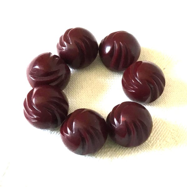 Vintage 12mm Celluloid Buttons: Dark Cranberry Red, Carved Arches, Self Shank, Set of 7