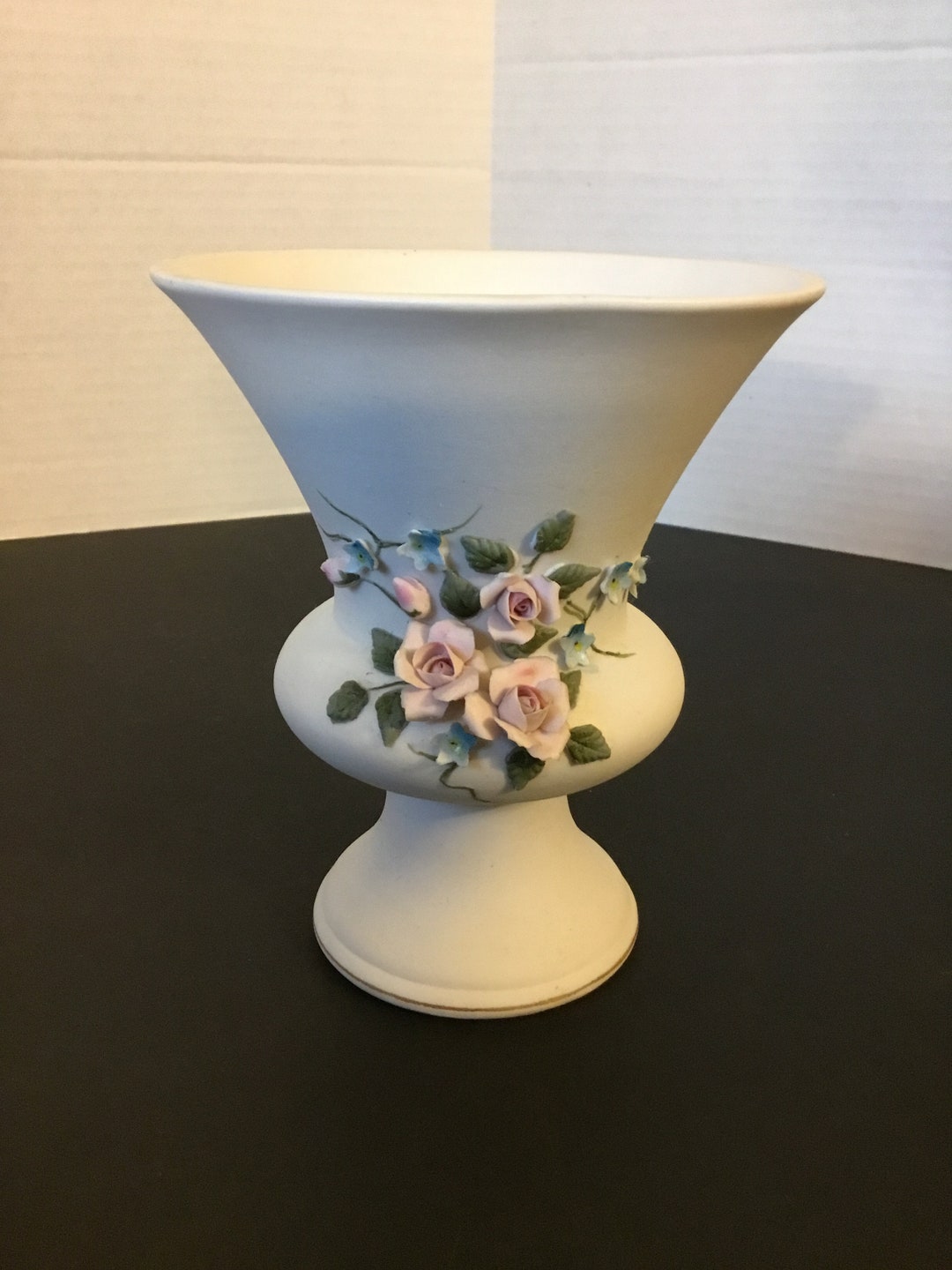 Vintage 6” Lefton Bisque Porcelain Vase, Sculpted Pink Roses, Tiny