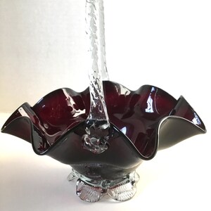 Ruby Red Handblown Basket, 8" Ruffled Basket, Clear Glass Handle, Candy Dish, Fruit Bowl, Clear Footed Base, Made in Romania Pontil Mark