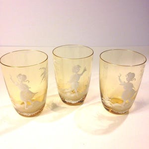 SALE-Mary Gregory Style Bohemian Glass, Set of Three, Amber Color Hand Enameled Tumbler with Gold Trim