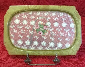 Vintage Bakelite Vanity Tray: Lace Insert, Embroidered Rose Bouquet