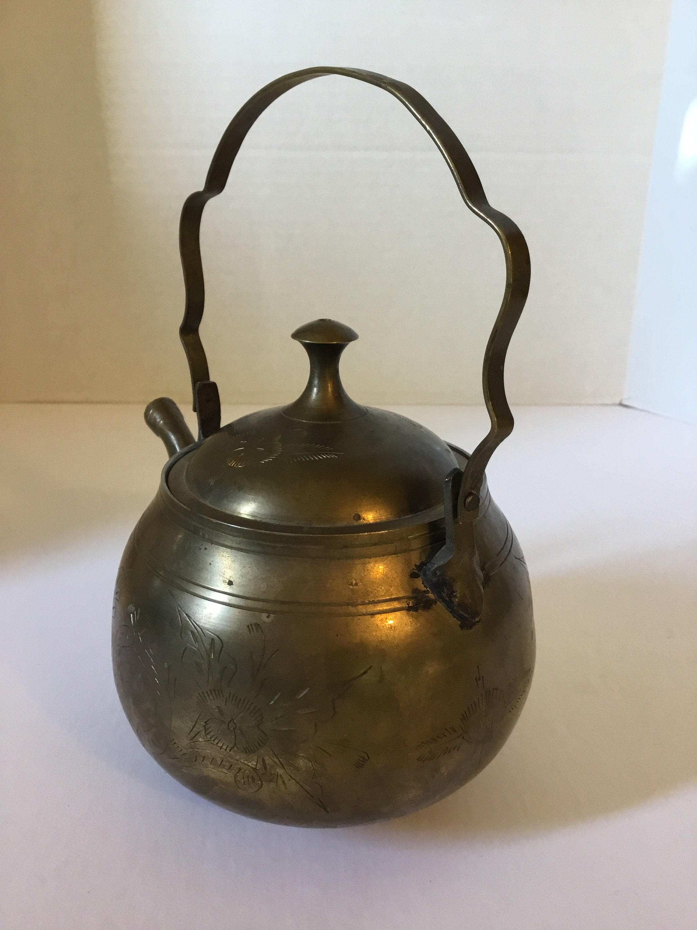 Vintage Etched Brass Teapot Hand Made in India Etched Center Etsy