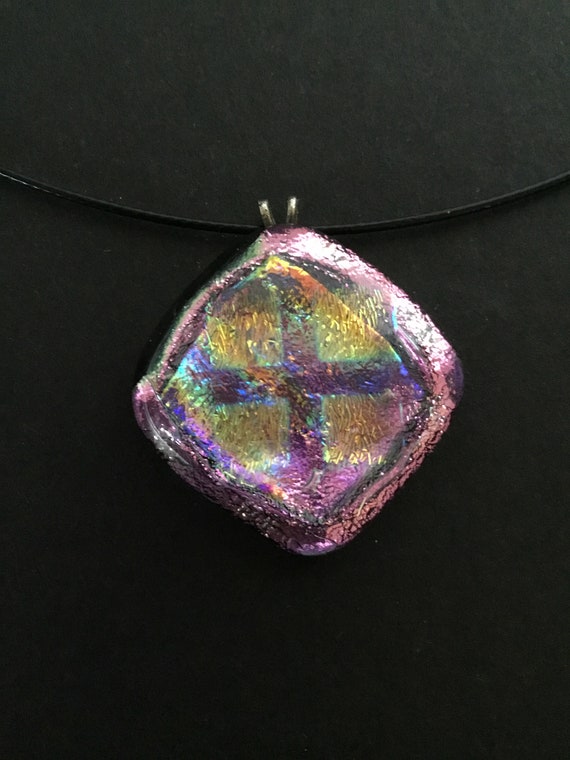 Dichroic Glass Necklace, Hidden Cross Pendant, Ar… - image 1