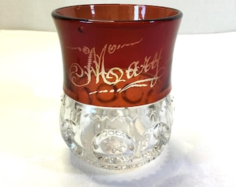 Antique 4” Ruby Flash Tumbler: King's Crown EAPG Glass, Engraved "Mary"