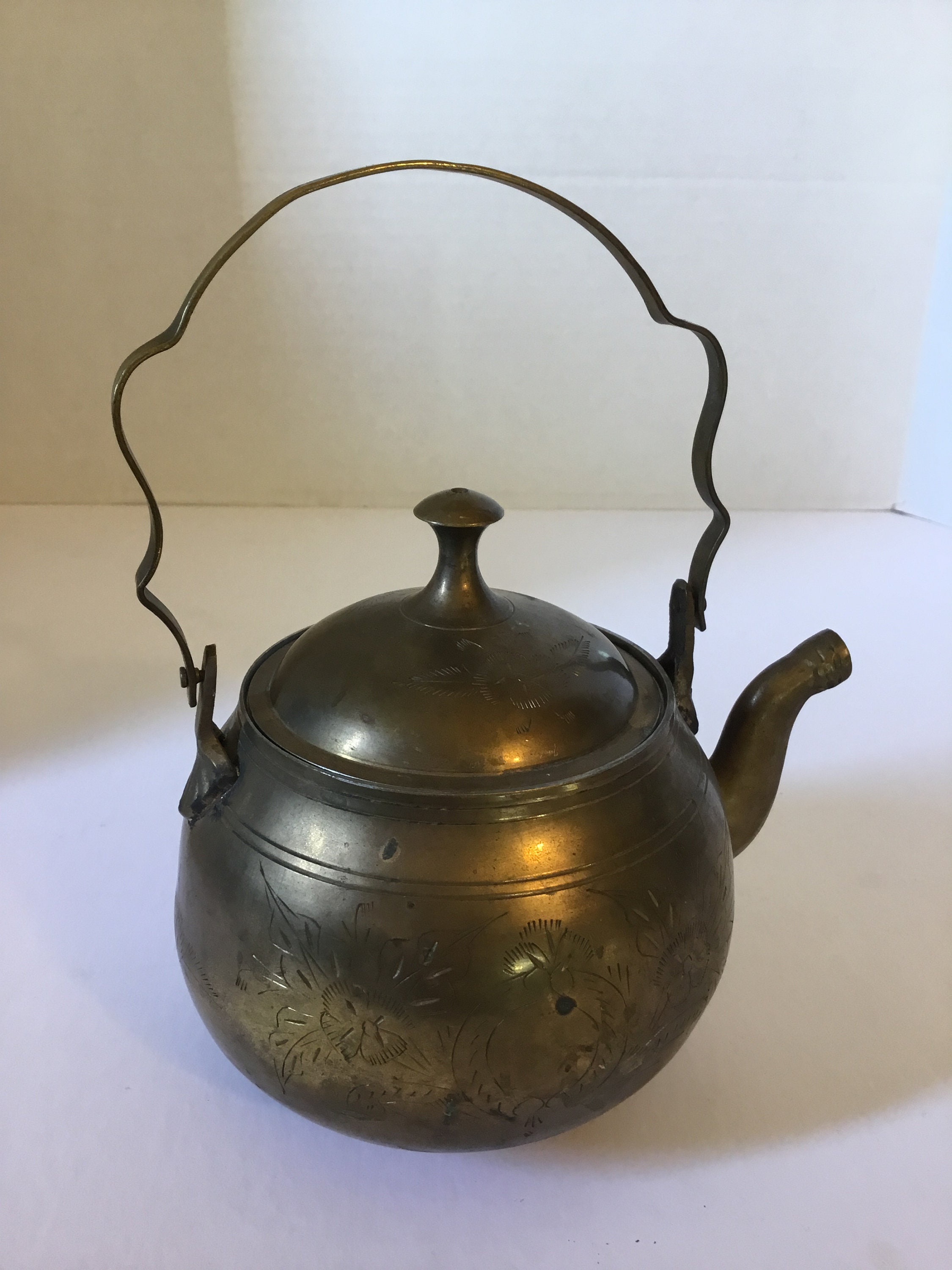 Vintage Etched Brass Teapot Hand Made in India Etched Center Etsy