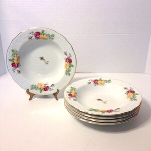 5-Vintage Menuet, Poland, Royal Vienna Collection, Flat Rim Soup bowl, Set of 5, Cabbage Roses with Moss Rose Rosebud, Raised Scroll Detail