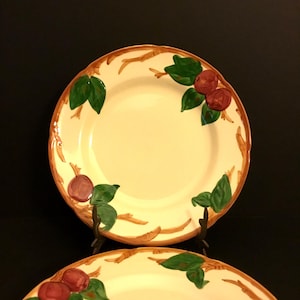 USA Mark, 10” Set of 2, Franciscan Apple 10&quot; Dinner Plates,  Made in USA, Red Apples, Green Leaves, Wood Branches,  Hand Painted Earthenware