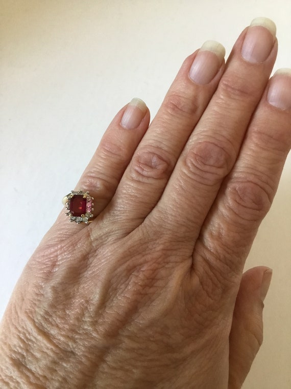 Vintage Ruby Red Cocktail Ring, Size 5 1/2, Faux … - image 9