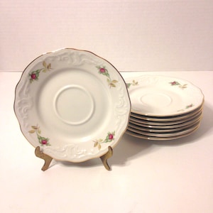 8-Vintage Menuet, Poland, Royal Vienna Collection, Set of 8 Saucers, Moss Rose, Rosebud Decorations, Raised Scroll Detail, Replacement Parts
