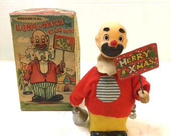 1940's Long-Neck Clown Wind Up Toy, T.N. Toys Nomura Japan, Circus Bell Ringer, Original Box, Working