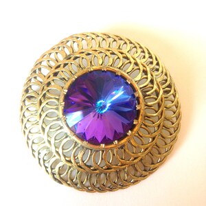 Vintage 2” Wreath Brooch, Swarovski Rivoli 20mm Rhinestone Amethyst Aurora Borealis, Prong Set Rhinestone, Brass Double Loop Wreath Setting