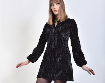 60s Style 'Iride' Black Crushed Velvet Mini Dress with Balloon Sleeves and Low V Neckline - Vintage Reproduction Mod Psych