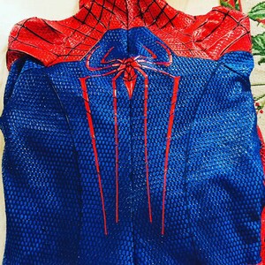 May include: A blue and red Spiderman costume with a web design on the back.