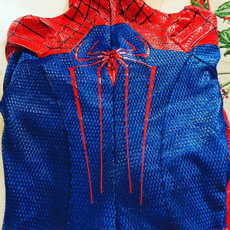 May include: A blue and red Spiderman costume with a web design on the back.