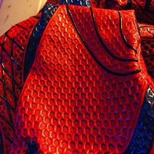 May include: Close-up of a red and blue fabric with a textured pattern. The fabric has a honeycomb-like design with black lines.
