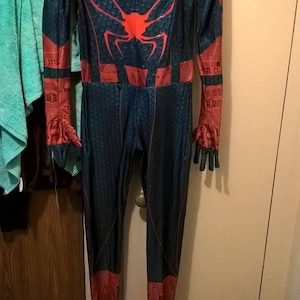 May include: A black and blue spandex jumpsuit with a red spider design on the back. The suit has a red and black circuit board pattern on the arms and legs.