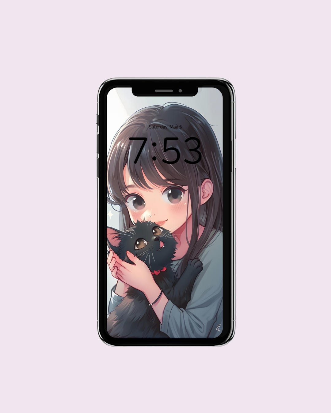 Kawaii Anime Girl & Black Cat Phone Wallpaper (digital Download) - Etsy