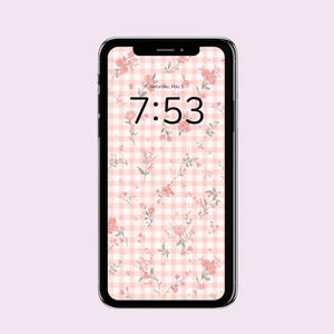 Fondo de pantalla para teléfono con estampado floral de cuadros rosas / Fondo de pantalla estilo cottagecore para iPhone (Descarga digital)