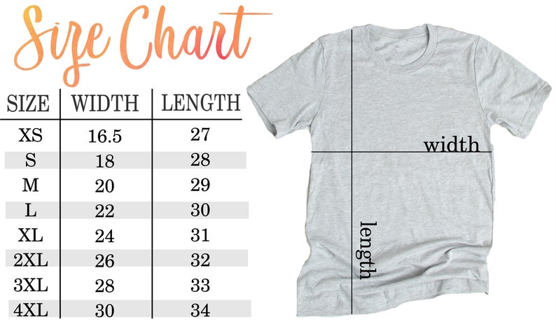 May include: Size chart for a t-shirt with measurements in inches. The chart shows the width and length of the shirt in sizes XS to 4XL.