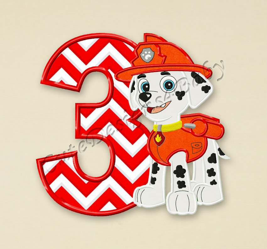 Paw Patrol Marshall Third birthday applique embroidery design | Etsy