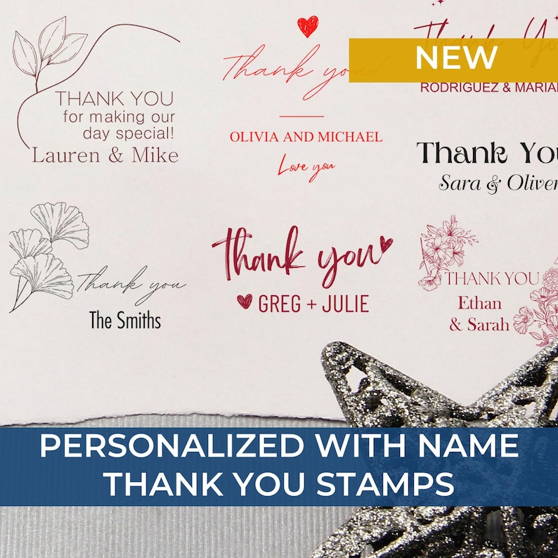 Personalized wedding thank you stamp designs featuring floral thank you stamp motifs. Ideal for thank you note stamps and thank you stamp for favors, perfect for adding a special touch to your wedding stationery.