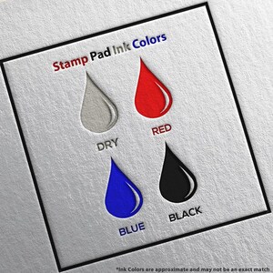 May include: A chart showing the different ink colors available for a stamp pad. The colors shown are dry, red, blue, and black.