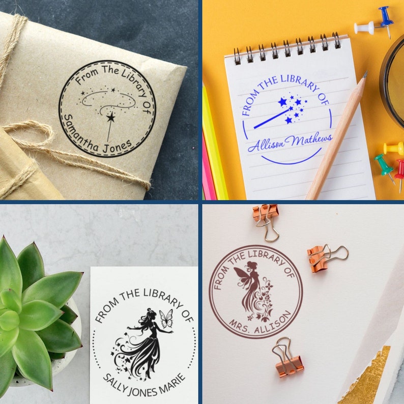 Customized book embossing stamp collection featuring unique designs for craft supplies. Perfect for creating magical gifts, these stamps add a personal touch to any library. Ideal for book lovers and DIY enthusiasts.