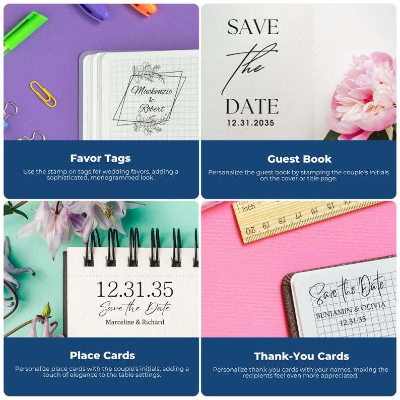 Wedding gift idea featuring wedding stationery with a customizable stamp for invitations. Enhance your wedding theme with a personalized wedding theme stamp for favor tags, guest books, place cards, and thank-you cards.