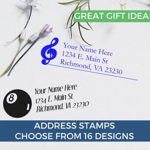 May include: Two address stamp designs on a white background. One features a blue treble clef with the text Your Name Here, 1234 E. Main St, Richmond, VA 23230. The other shows a black 8-ball with the same address text. Text includes GREAT GIFT IDEA.